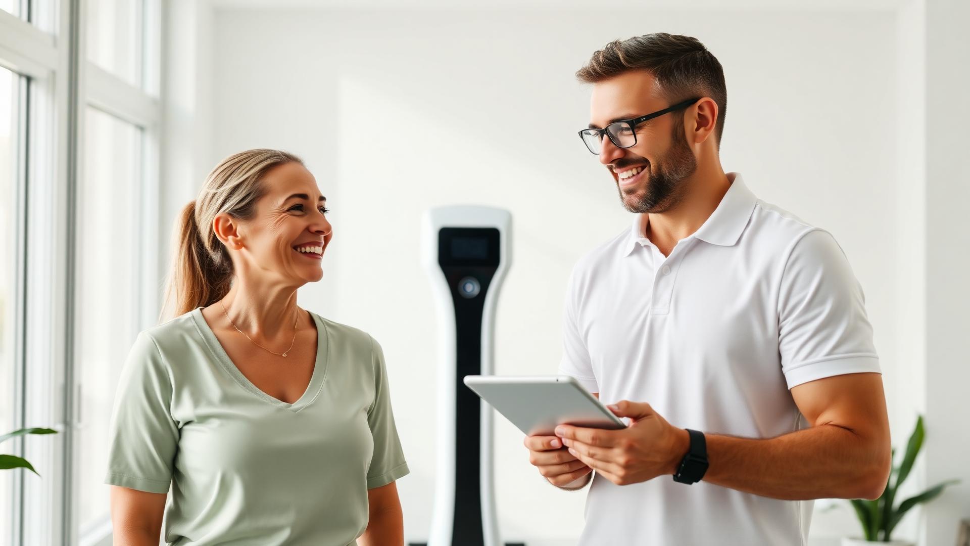 Specialista Vy Motion durante un check up con tablet e analisi della composizione corporea